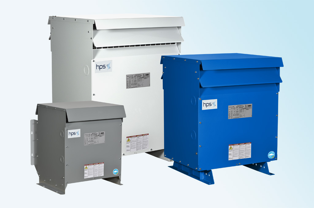 EV charging transformers in white blue and grey enclosures