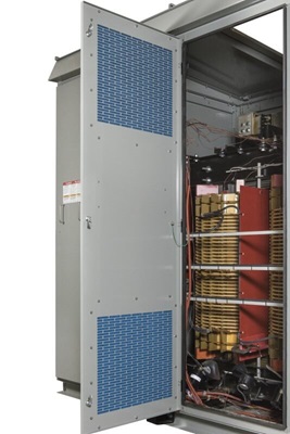 open door on transformer enclosure showing filter